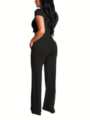 Solid 2pc Set Crew Neck Crop Tee & High Waist Wide Leg Pants