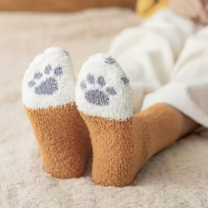 6 Pairs Girls Kids Fleece Warm Socks Car Paw Pattern Crew Socks for Winter