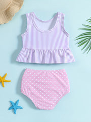 Girls Striped Sleeveless Bikini Tankini Swimsuit Set with Bowtie