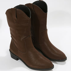 Women's V Cut Mid Calf Boots Slip On Block Heel Cowgirl Boots