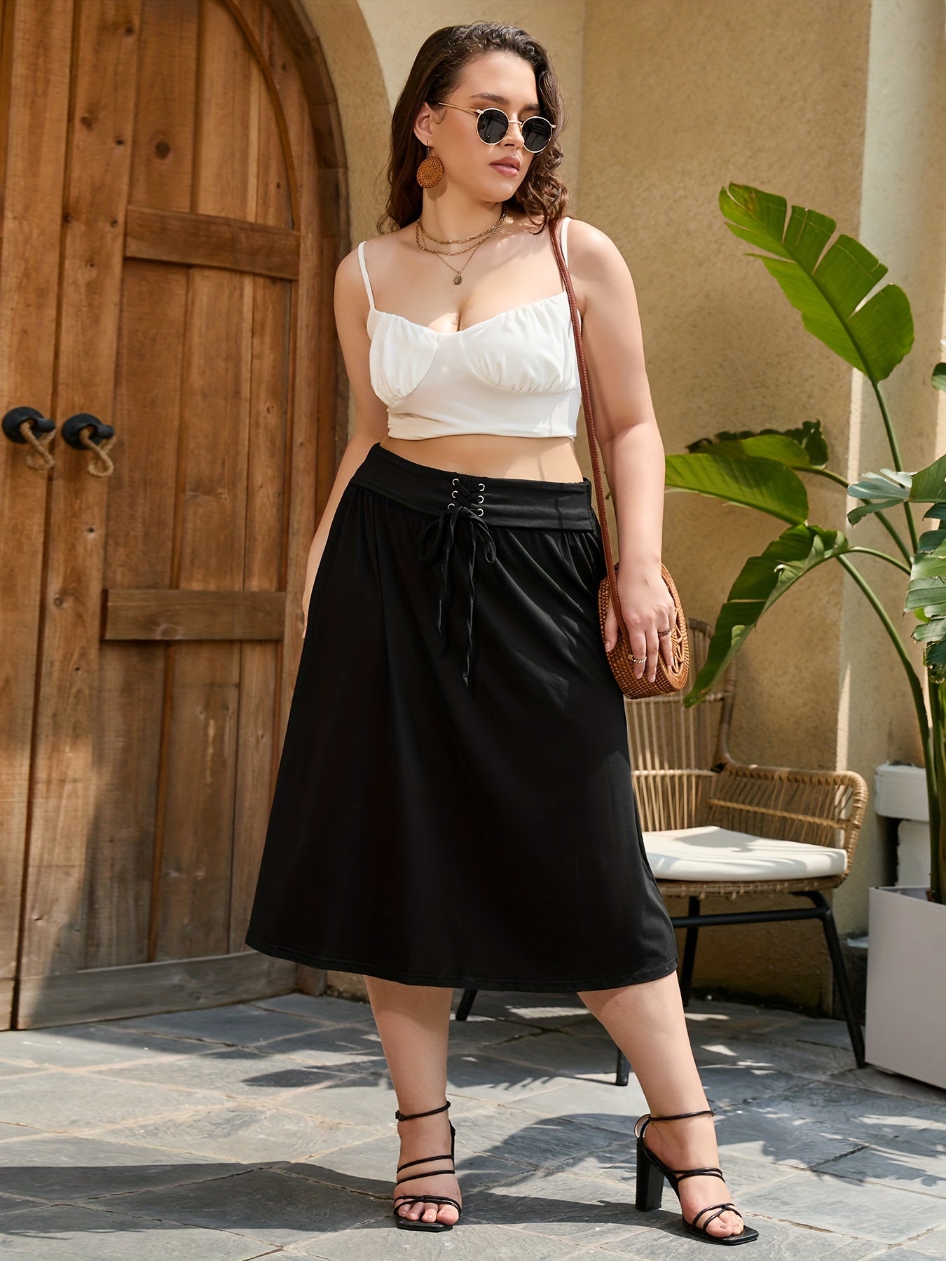 Solid Grommet Lace Up High Rise Midi Skirt