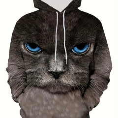 3D Digital Cat Print Hoodies For Men Graphic Sweatshirt With Kangaroo Pocket