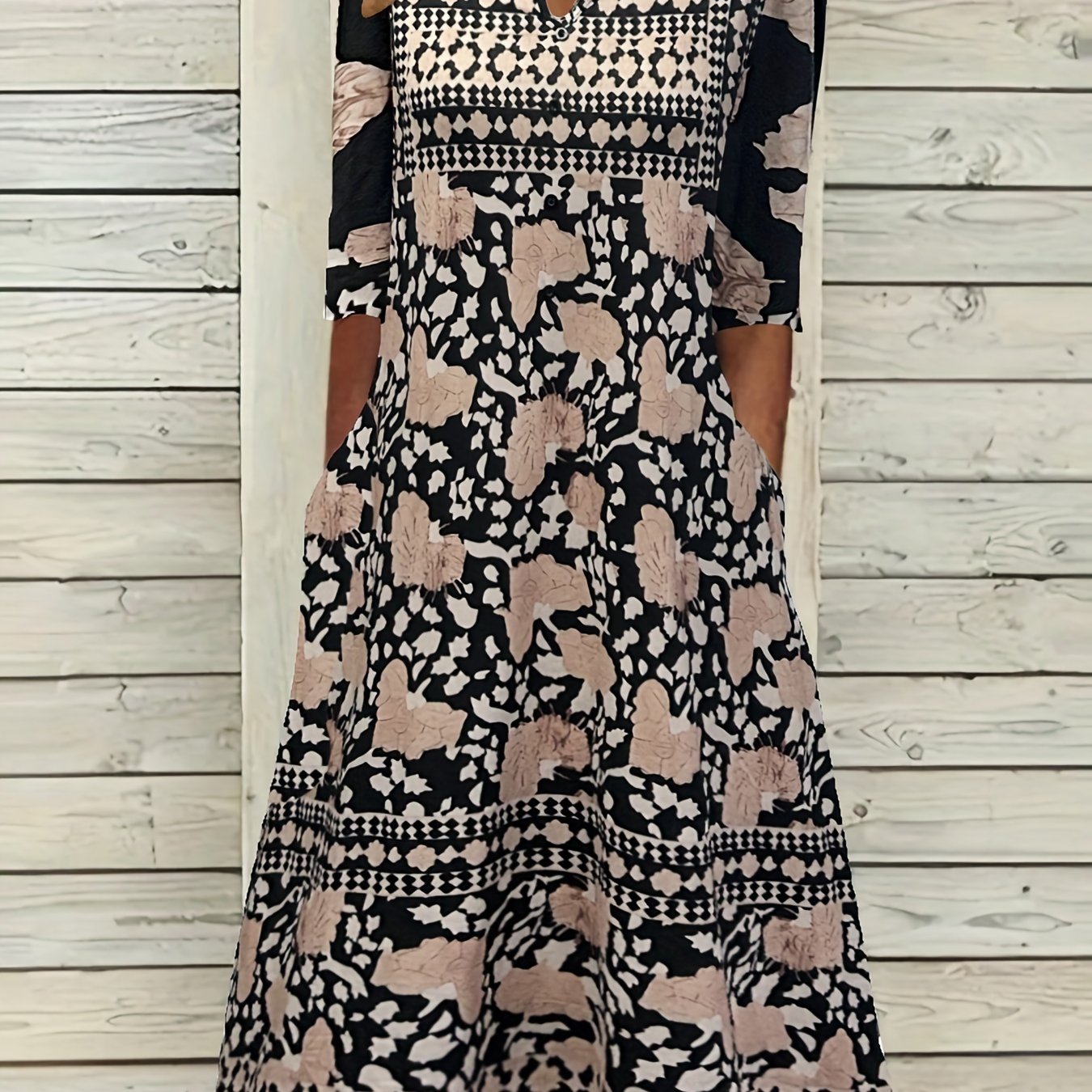 Floral Print Short Sleeve Midi Dress With Pockets