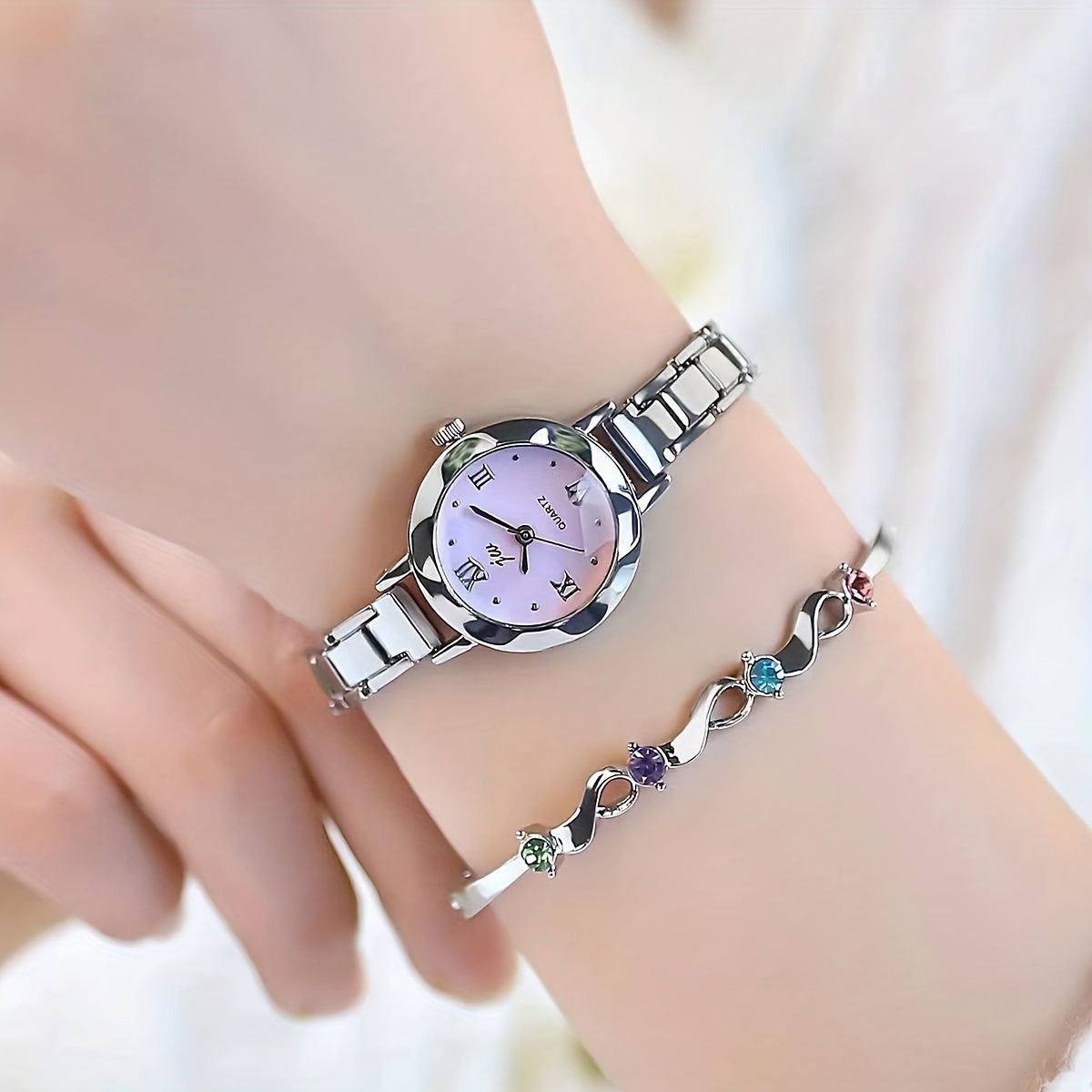 Children's Pink Dial Stainless Steel Round Wrist Watch
