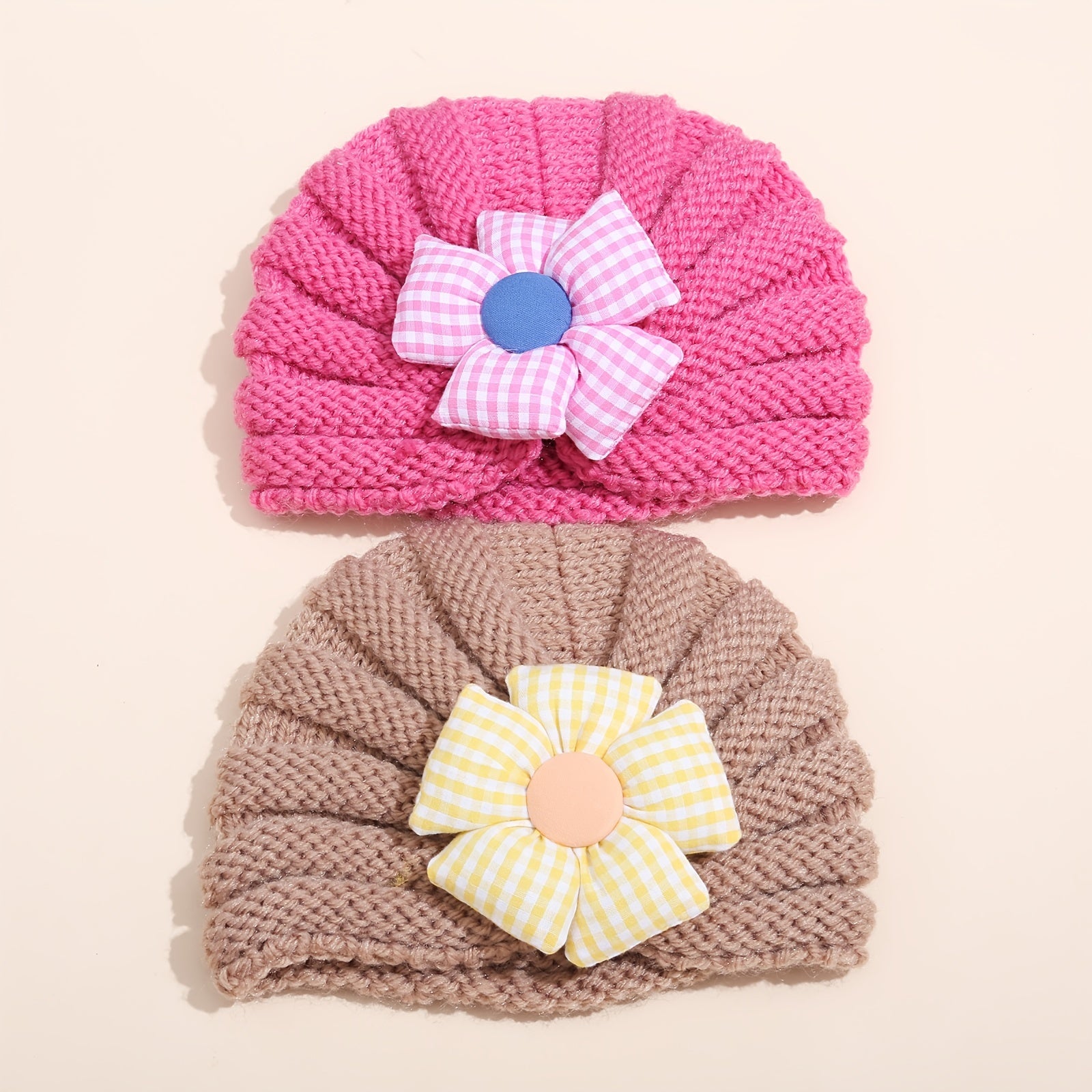 Kids Warm Candy Plaid Flower Beanie for Autumn & Winter