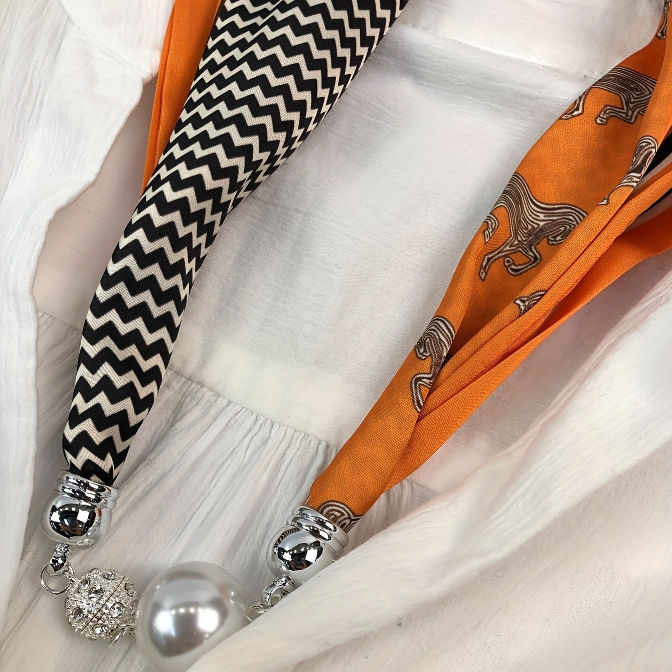 Silk Horse Print Infinity Scarf with Faux Pearl Magnetic Buckle