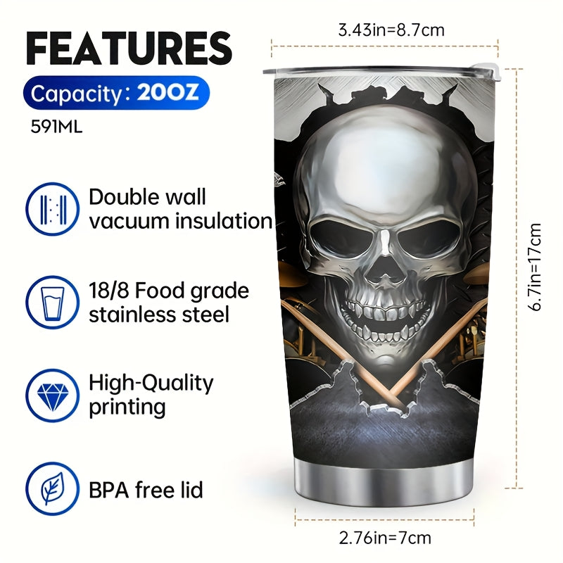 20oz Skull Drummer Tumbler Insulated Coffee Mug with Nutrition Facts Label