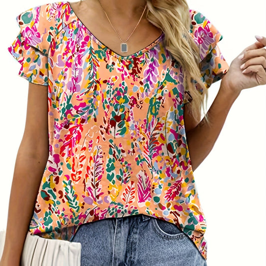 Casual Blouse Women's Plus Allover Print Layered Cap Sleeve V Neck Top