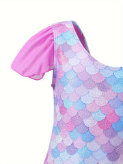 Fish Scale Print Gymnastics Leotard with Flutter Trim