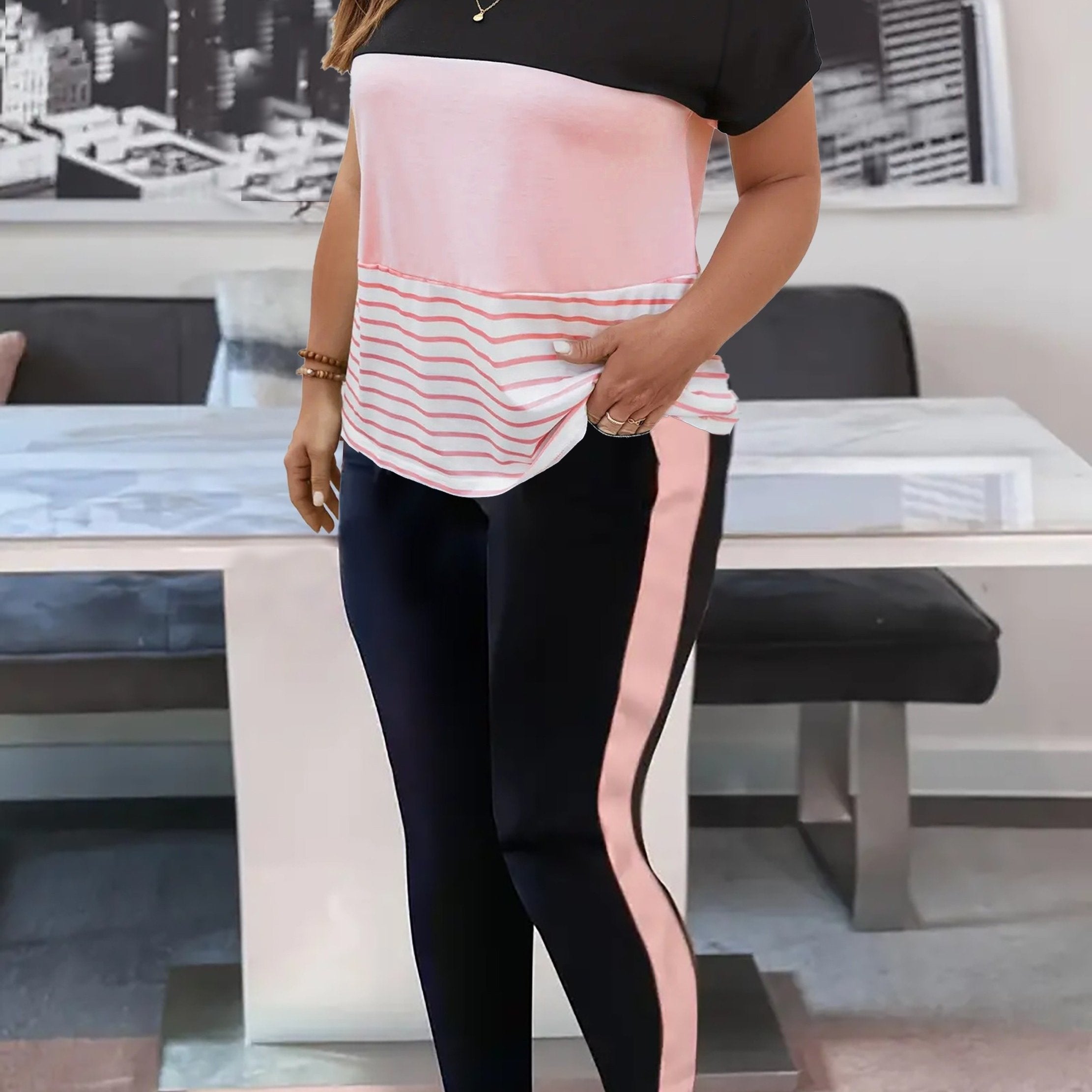 Women's Plus Colorblock Stripe Print Top & Pants Set