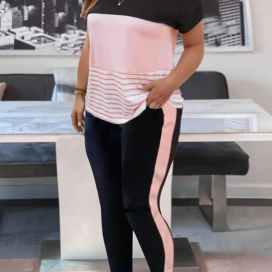Women's Plus Colorblock Stripe Print Top & Pants Set
