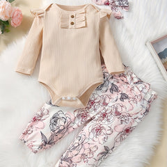 Baby Girls Cotton Outfit Flying Sleeve Romper & Flower Print Trousers Set