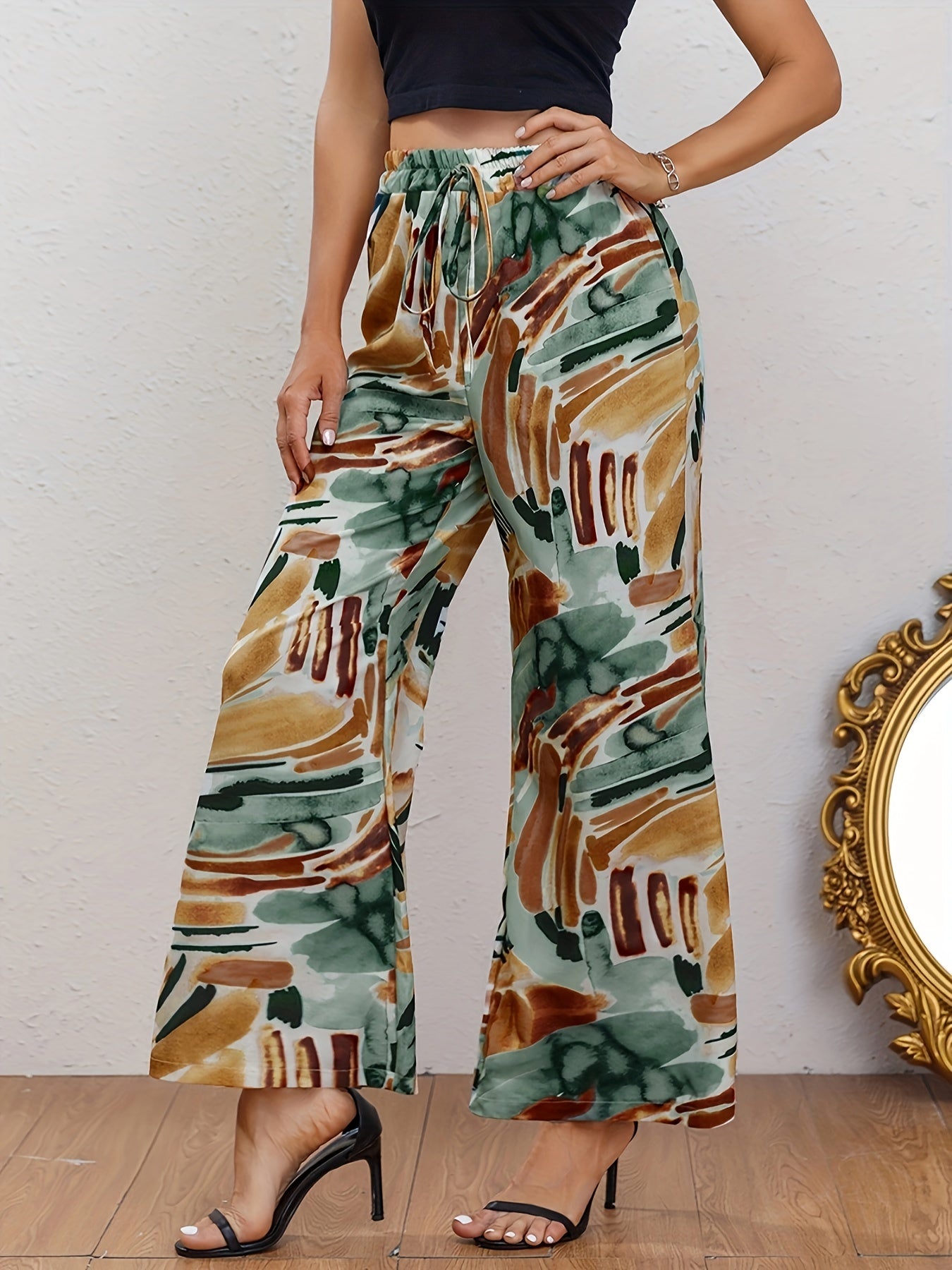 Abstract Print Wide Leg Pants Casual Drawstring Waist Random Print Pants