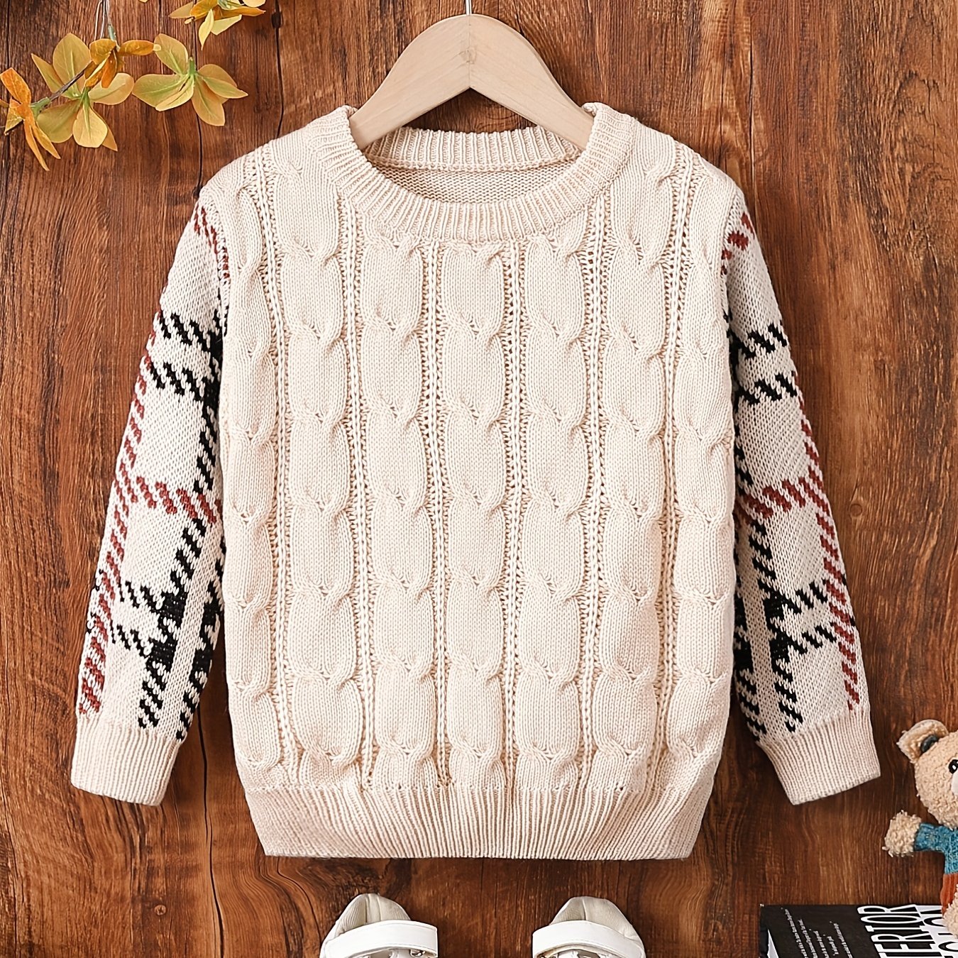 Boys Twist Pattern Sweater Round Neck Long Sleeve Warm Knit Pullover Top