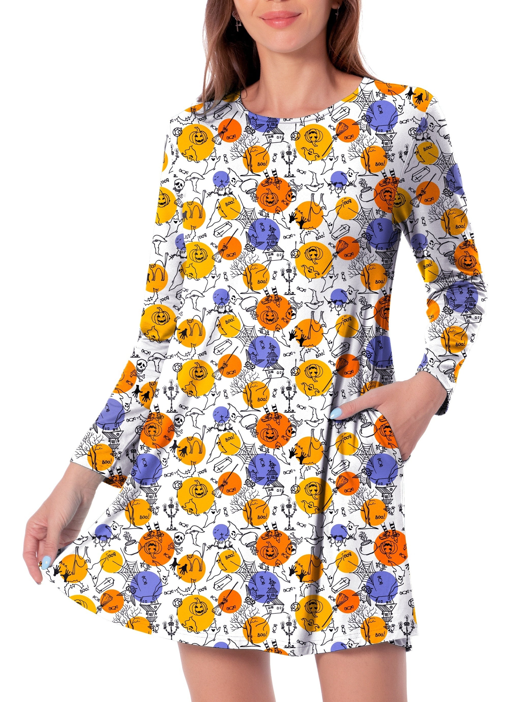 Bat Print Halloween Dress Long Sleeve Mini Dress Women's Clothing