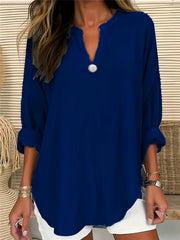 V Neck Tunic Shirt Top Solid Long Sleeve