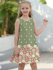 Girls Summer Princess Dress Stripe Flower Print Sleeveless Casual Outdoor Fun