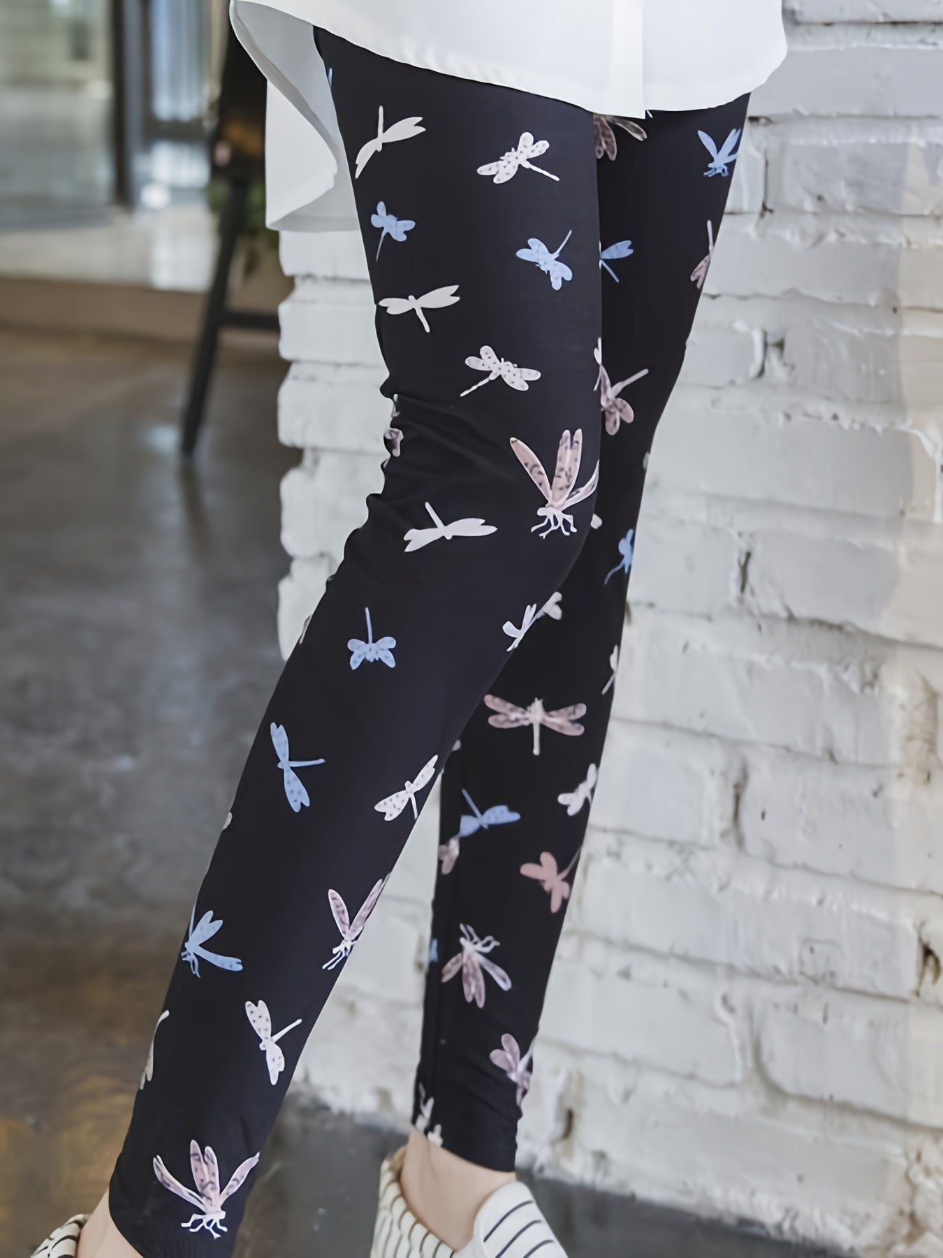 Dragonfly Print Skinny Leggings Women's Casual Stretchy Leggings