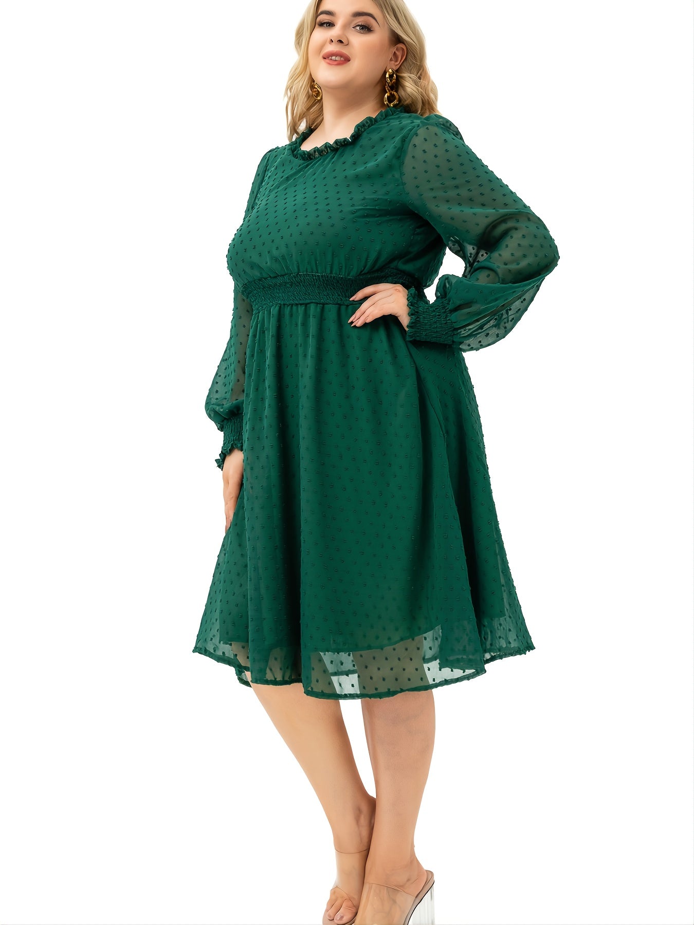 Polka Dot Mesh Sleeve Midi Dress