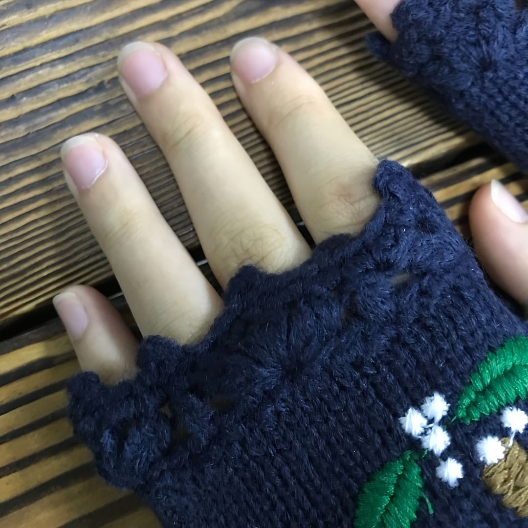 Vintage Owl Crocheted Half Finger Gloves Hand Knit Fingerless Gloves