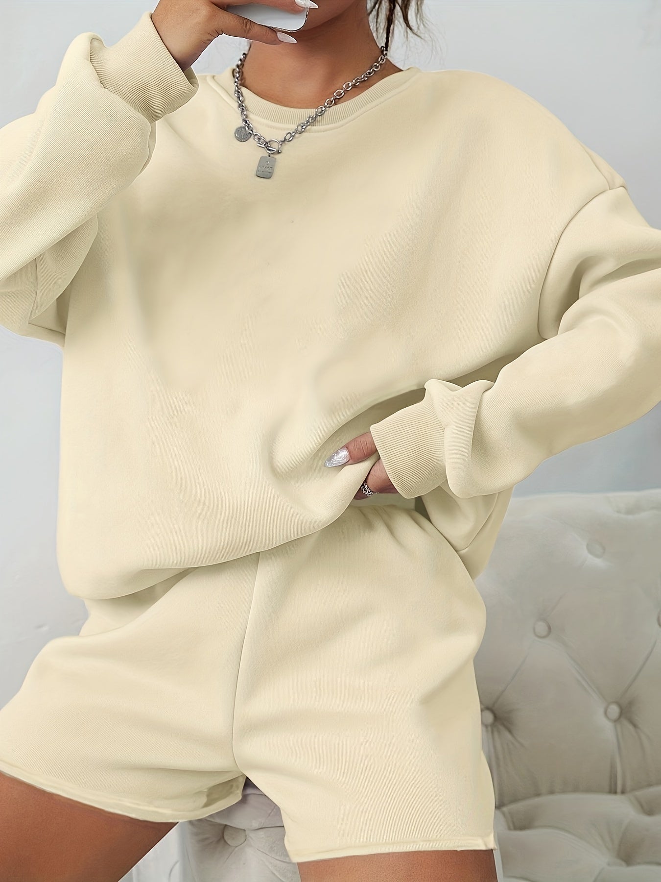 Casual Two piece Set Crew Neck Long Sleeve Tops & Summer Shorts