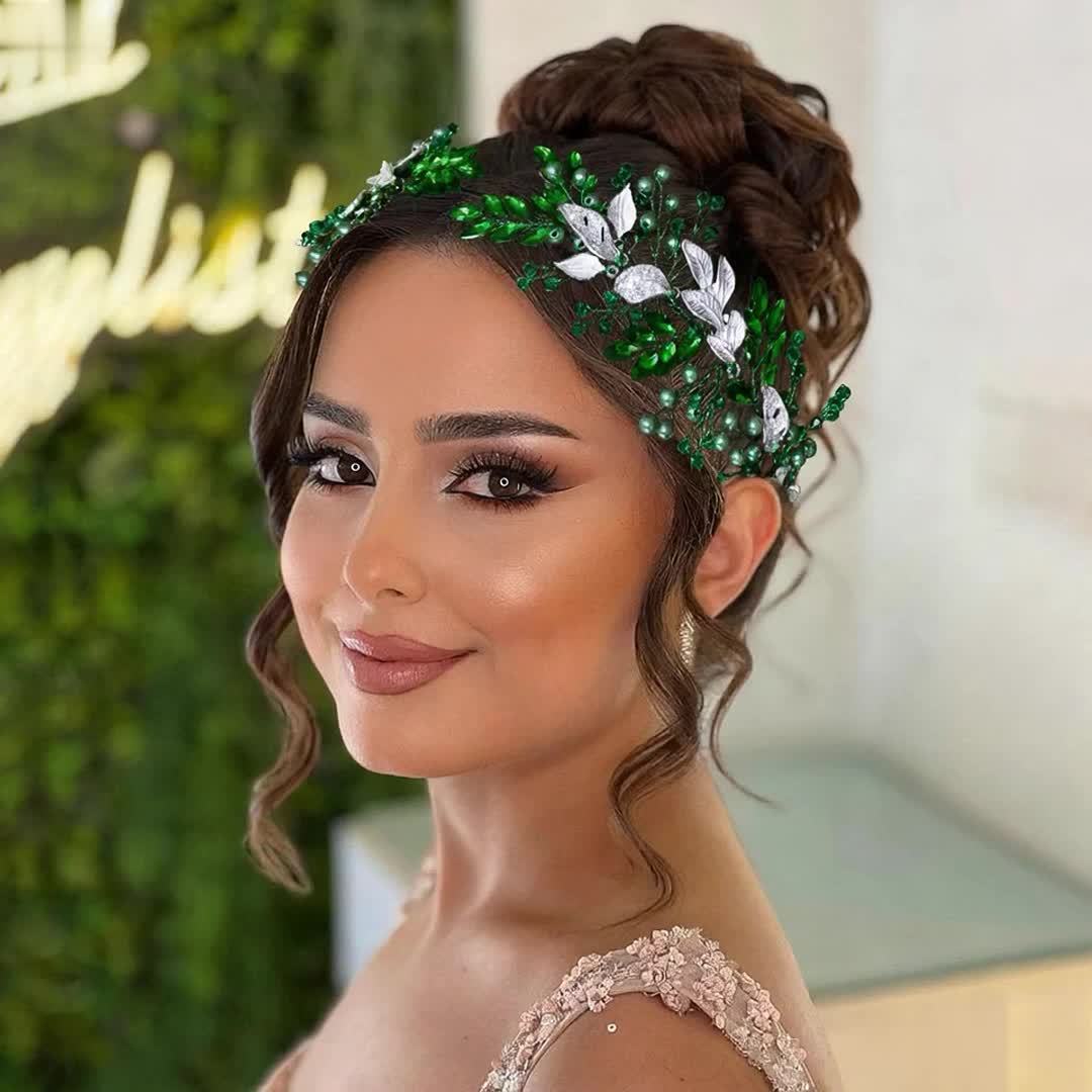 Bridal Wedding Headband with Green Rhinestones and Gemstone Accents