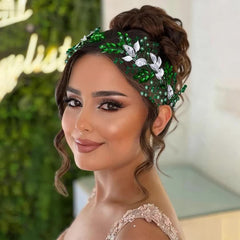 Bridal Wedding Headband with Green Rhinestones and Gemstone Accents
