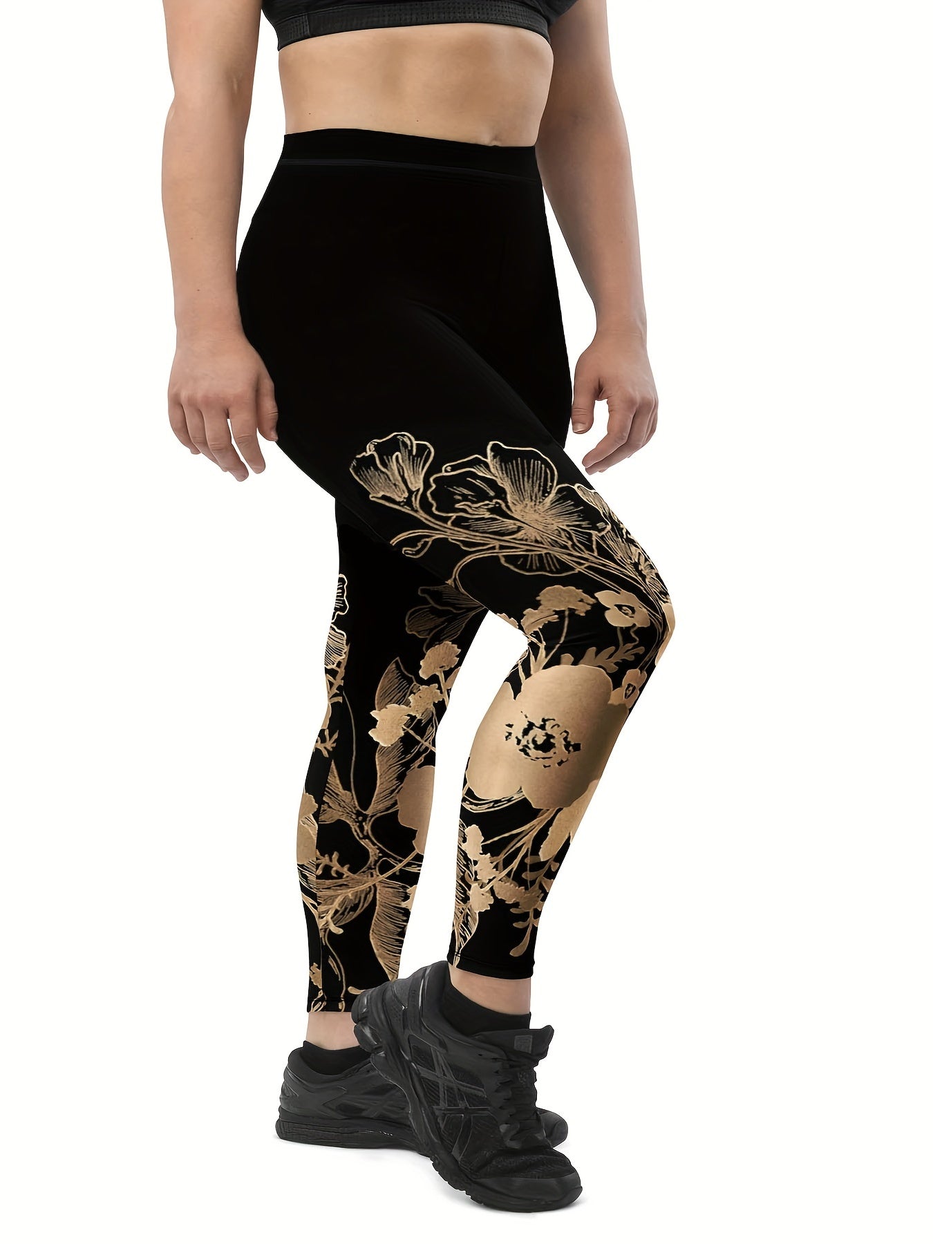 Sporty Plus Size Floral Print Skinny Leggings