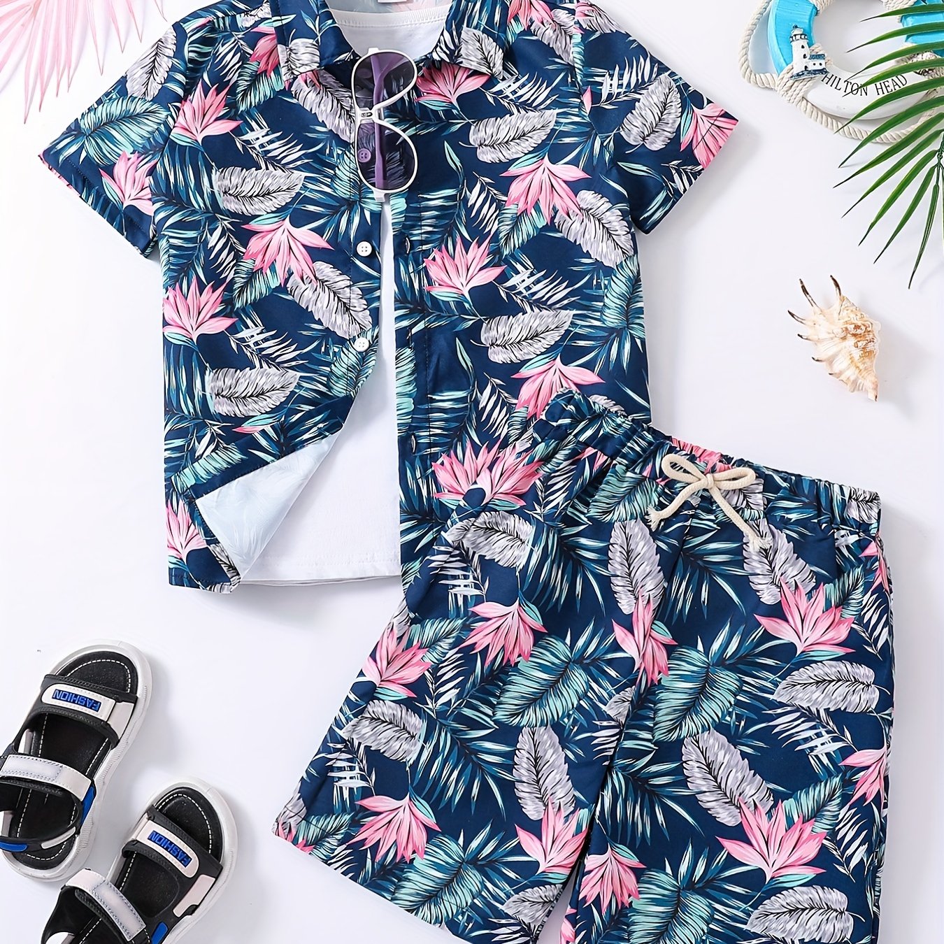 Boys Hawaiian Shirt & Shorts Set Tropical Plant Print Vacation Beach Wear