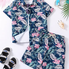 Boys Hawaiian Shirt & Shorts Set Tropical Plant Print Vacation Beach Wear