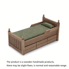 1:12 Scale Dollhouse Bed with Storage Drawer Vintage Natural Wood Construction