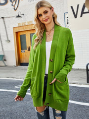 Solid Button Up Long Sleeve Cardigan With Pockets