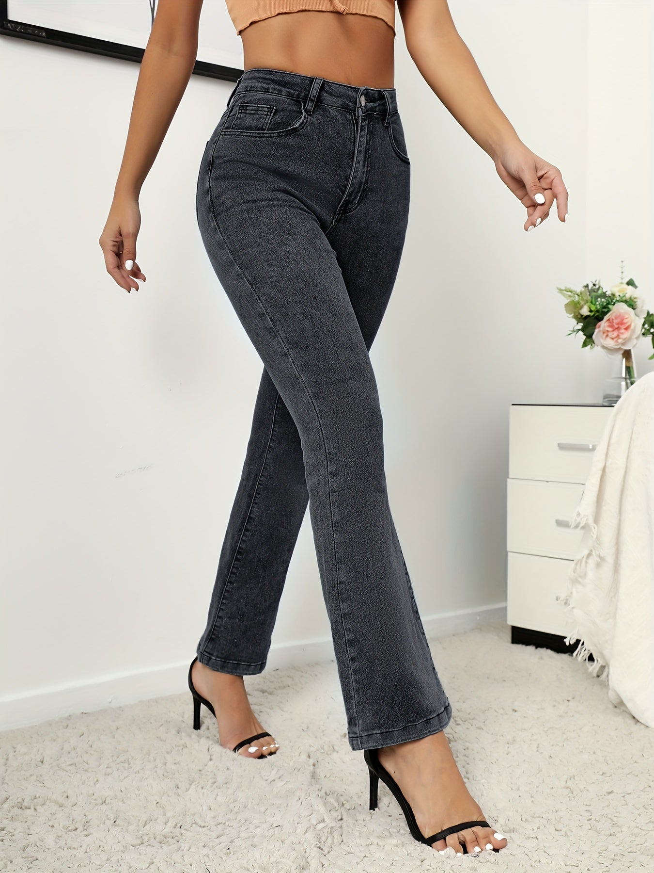 Dark Grey Flare Jeans Bell Bottom Wide Leg Ripped Denim