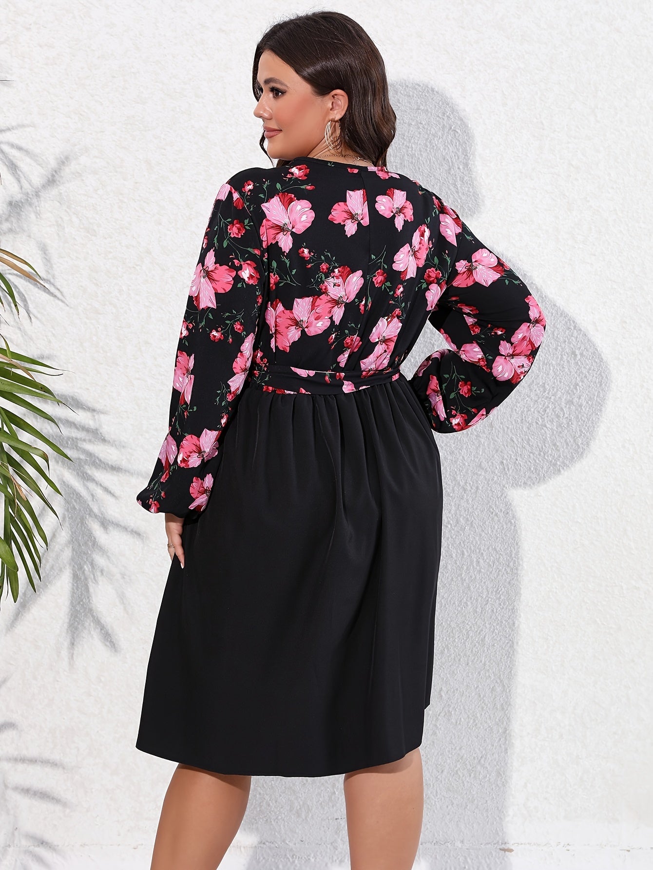 Floral Print Lantern Sleeve Knee Length Dress
