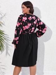Floral Print Lantern Sleeve Knee Length Dress