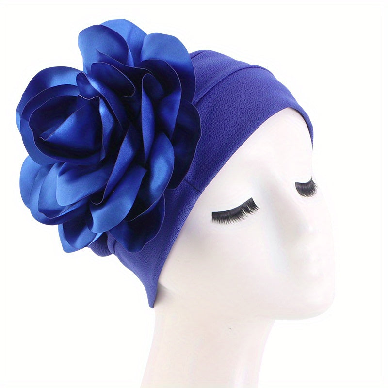 Big Flower Turban Cap Solid Head Wrap Elastic Bonnet Chemo Cap