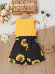 Girls Sunflower Pattern Sleeveless Casual Romper Jumpsuit with Belt