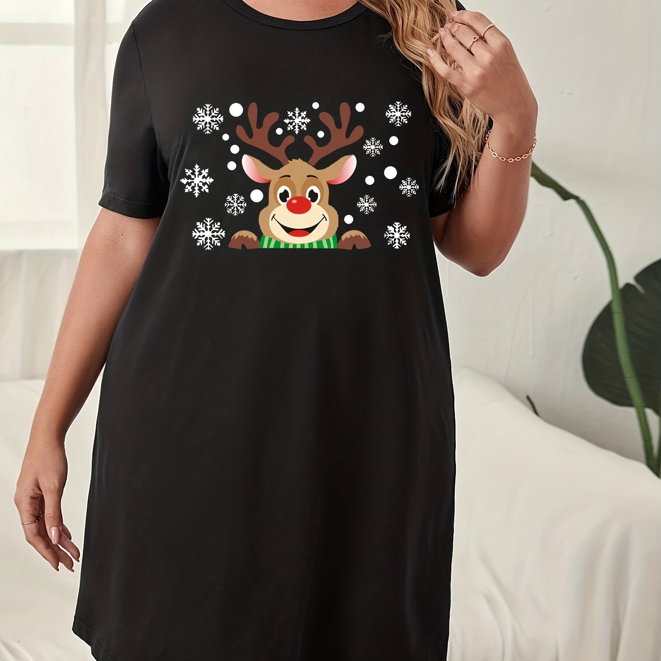 Christmas Lounge Dress Women's Snowflake Deer Print Nightdress