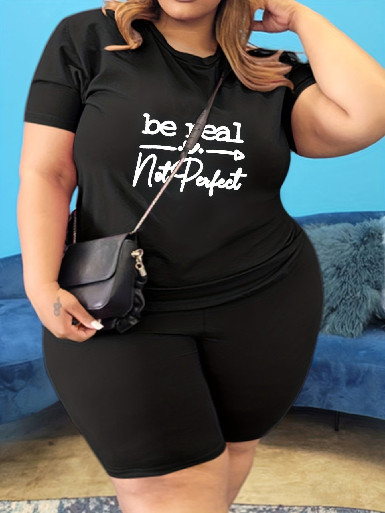 Women's Plus Slogan Print Top & Shorts Set