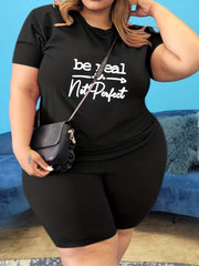 Women's Plus Slogan Print Top & Shorts Set