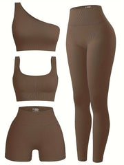 Yoga Workout Set Ribbed One Shoulder Top Crop Tank Hip Lifting Shorts Leggings