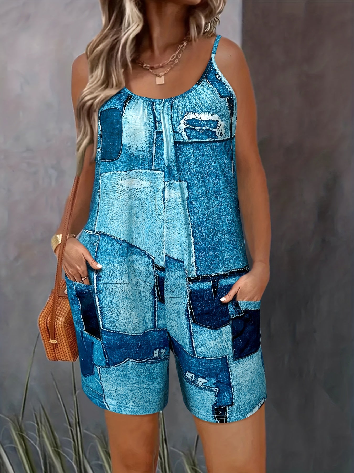 Y2K Patchwork Print Romper Jumpsuit Sleeveless Cami With Pocket