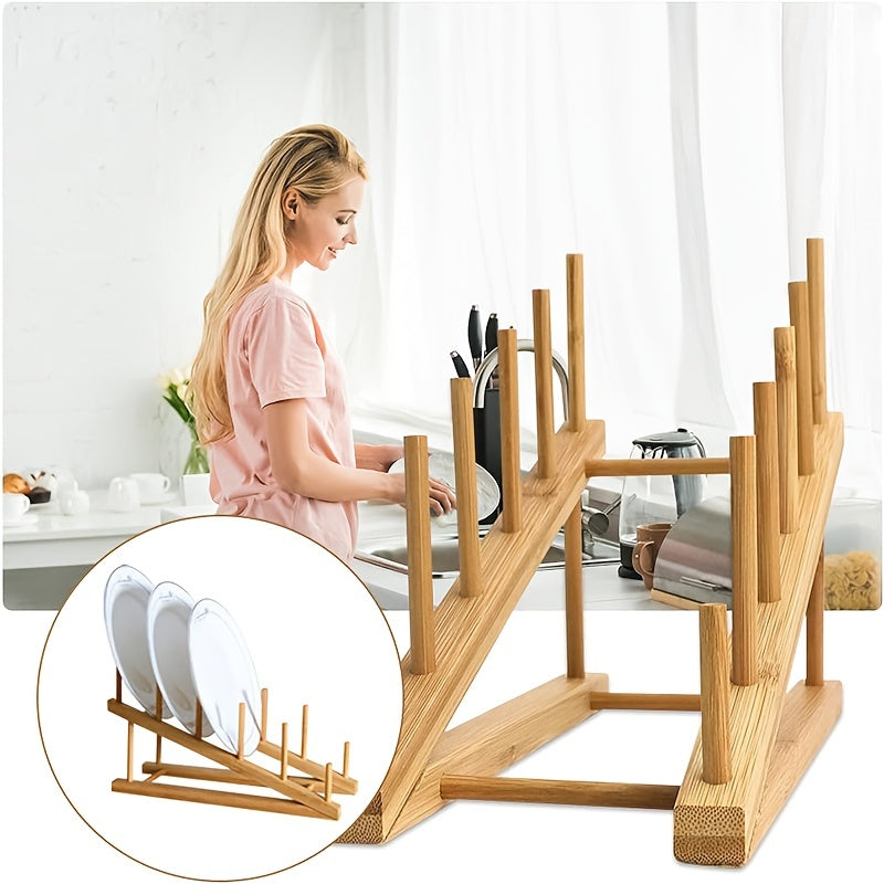 Wooden Dish Rack Bamboo Drying Stand Pot Lid Holder Kitchen Organizer