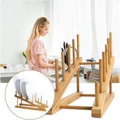 Wooden Dish Rack Bamboo Drying Stand Pot Lid Holder Kitchen Organizer
