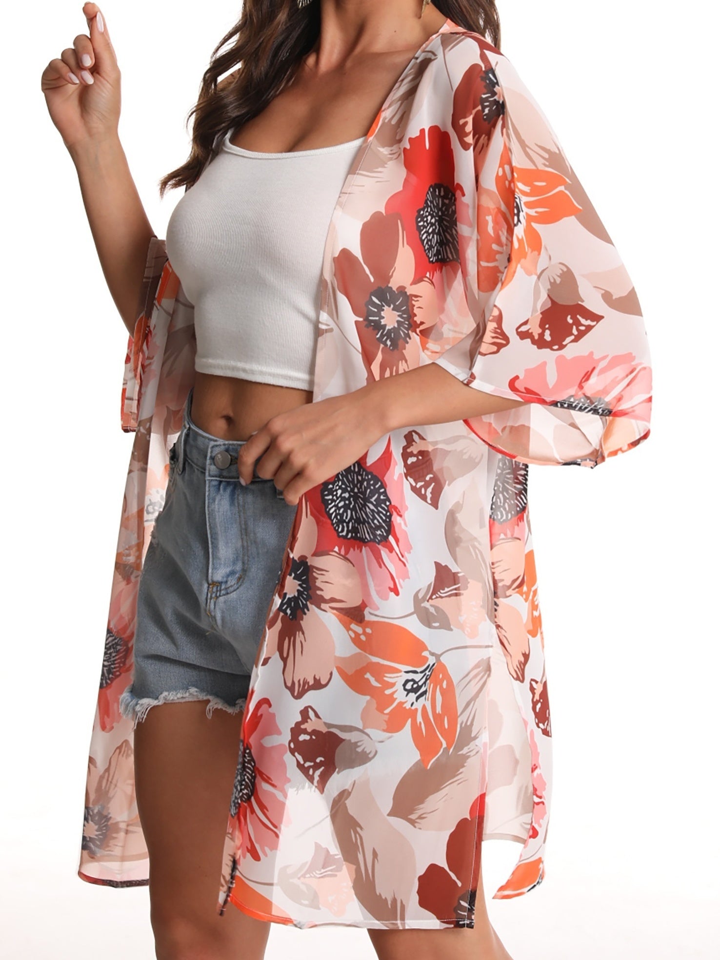 Floral Dolman Sleeves Chiffon Cover Up Kimono