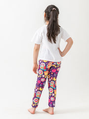 Girls High Stretch Soft Leggings Owls And Flowers Pattern