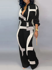 Newspaper Print Tie Front Jumpsuit Casual Button Down One Piece Jumpsuit