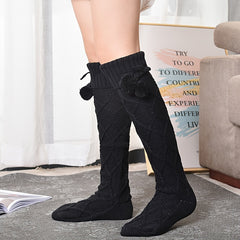 Argyle Calf Socks Pompom Decor Warm Knee High Socks Women's