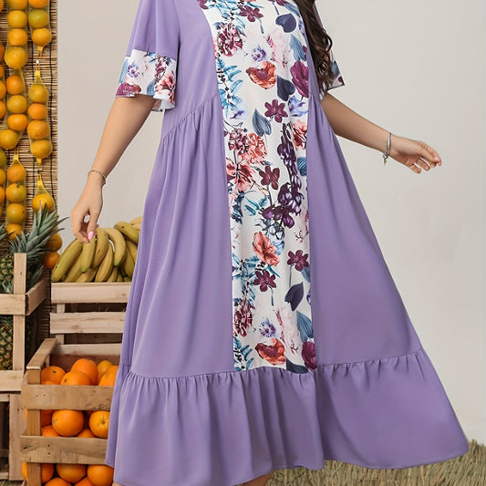 Colorblock Floral Print Butterfly Sleeve Maxi Dress