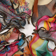 Vintage Print Scarf Bow Neck Wrap Faux Pearl Pendant